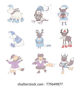 Set of cute animals in the winter . Nursery art. Minimalist scandinavian style. Characters for kids card, print for t-shirt and more.