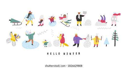Set with cute animals in winter, playing, skiing, sledding, skating. Isolated objects on white. Hand drawn vector illustration. Concept kids print.