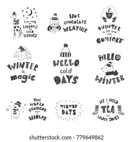 Set of cute animals and winter quotes. Nursery art. Minimalist scandinavian style. Character for kids card, print for t-shirt and more. Hand lettering.