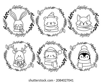 Set of cute animals with winter wreath. Collection of stylized Christmas plants with kitten, hare, reindeer, bear etc. Holiday pet. Happy New Year. Vector illustration isolated on white background.