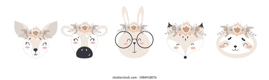 Set cute animals and wreaths the head in scandinavian style for childrens design