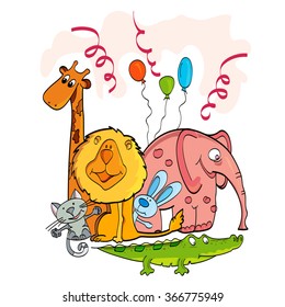 Set of cute  animals for your text. Design template for poster or banner. Zoo animals with  isolated on white background. Vector illustration. Greeting card happy birthday