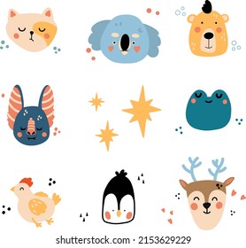 Set of cute animals.Vector hand-drawn illustration. Great for kids clothing design, posters, wrapping paper, wallpaper, avatars.