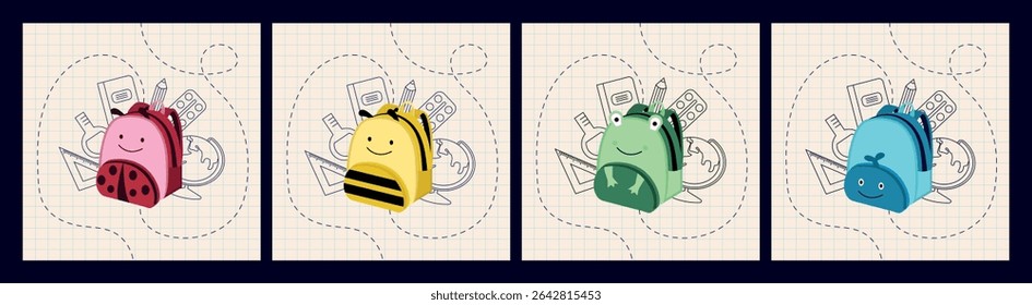 A Set of Cute Animal-Themed School Backpacks for Kids on Graph Paper Background – Ladybug, Bee, Frog, and Whale Designs with School Supplies – a set of Back to School Illustrations