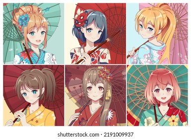 Set of cute anime characters avatar. In kimono and an umbrella. Cartoon girls and boys portraits. Colorful hand drawn illustration collection