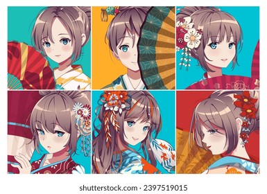 Set of cute anime characters avatar. In kimono and an handheld paper fan. Cartoon girls and boys portraits. Colorful hand drawn