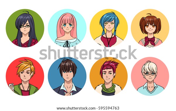 Set Cute Anime Characters Avatar Cartoon Stock Vector Royalty Free