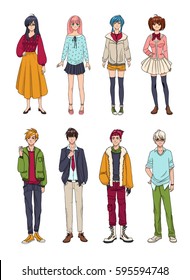 Set of cute anime characters. Cartoon girls and boys. Colorful hand drawn illustration collection.