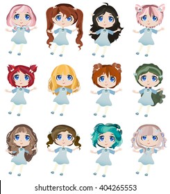 Set of cute anime chibi girls with different haircuts. 