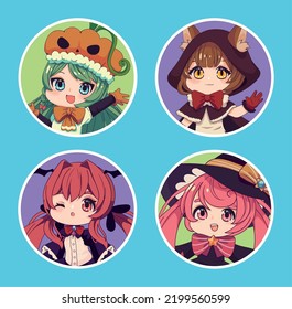 Set Cute Anime Chibi In Halloween Costumes