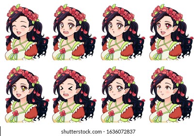 A set of cute anime elf with different expressions. Black hair, big brown eyes, floral dress and wrea. Hand drawn retro anime vector illustration. Can be used for avatar, stickers, badges, prints etc.