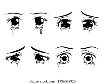 Set Of Cute Anime Eyes. Collection Of Different Cartoon Eyes With Tears. Kawaii Style. Japanese Face Of Male And Female Characters. Vector Illustration Of Crying Eye On White Background. 