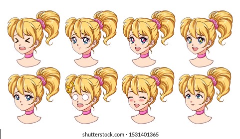 A set of cute anime girl with different expressions. Blonde hair, big blue eyes. Ponytail with donut. Hand drawn retro anime vector illustration . Can be used for avatar, stickers, badges, prints etc.