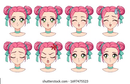 A set of cute anime girl with different expressions. Pink hair, big green eyes. Hand drawn retro anime style vector illustration . Can be used for avatar, mobile games, stickers, badges, prints etc.