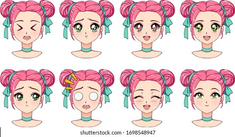 Un grupo de lindas chicas de anime con diferentes expresiones. Cabello rosado, grandes ojos verdes. Ilustración vectorial de estilo retro dibujada a mano . Puede ser usado para avatar, juegos móviles, stickers, insignias, impresiones, etc.