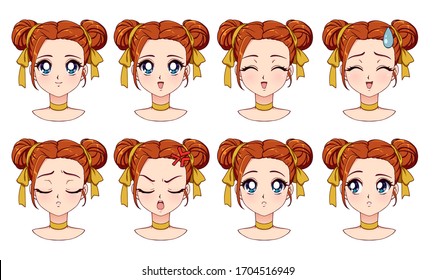 A set of cute anime girl with different expressions. Red hair, big blue eyes. Hand drawn retro anime style vector illustration. Can be used for avatar, mobile games, stickers, badges, prints etc.