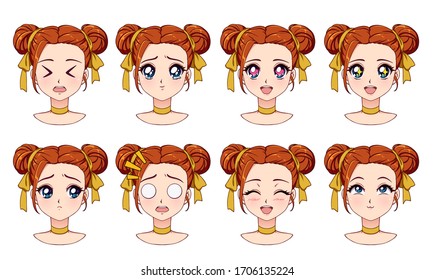 A Set Of Cute Anime Girl With Different Expressions. Red Hair, Big Blue Eyes. Hand Drawn Retro Anime Style Vector Illustration. Can Be Used For Avatar, Mobile Games, Stickers, Badges, Prints Etc.