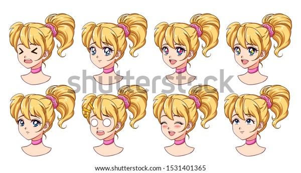 Set Cute Anime Girl Different Expressions Stock Vector Royalty