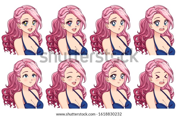 Set Cute Anime Girl Different Expressions Stock Vector Royalty
