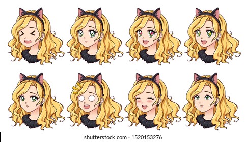 A set of cute anime girl wearing cat costume with different expressions. Blonde hair, big green eyes. Hand drawn retro anime vector illustration. Can be used for avatar, stickers, badges, prints etc.