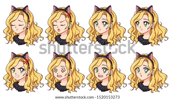 Set Cute Anime Girl Wearing Cat Stock Vector Royalty Free 1520153273