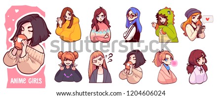 A set of cute anime girls illustrations in various clothes doing different activities with different expressions. Vector stickers or badges