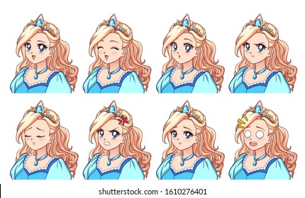 A set of cute anime princess with different expressions. Blonde hair, big blue eyes, blue dress. Hand drawn retro anime vector illustration. Can be used for avatar, stickers, badges, prints etc.