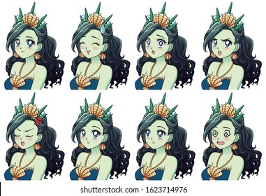 A set of cute anime sea princess with different expressions. Green hair, big blue eyes, shell crown. Hand drawn retro anime vector illustration.  