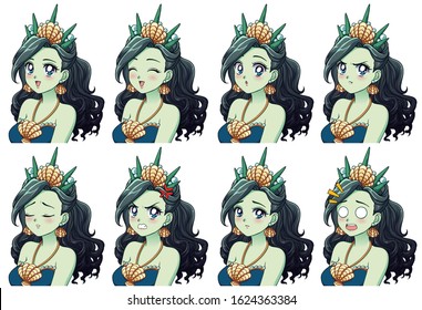 A set of cute anime sea princess with different expressions. Green hair, big blue eyes, shell crown. Hand drawn retro anime vector illustration. Can be used for avatar, stickers, badges, prints etc.