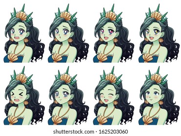 A set of cute anime sea princess with different expressions. Green hair, big blue eyes, shell crown. Hand drawn retro anime vector illustration. Can be used for avatar, stickers, badges, prints etc.