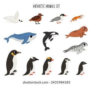 Conjunto de animales Antárticos lindos en estilo de dibujos animados sobre fondo blanco.