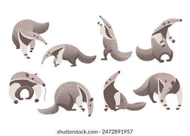 Set of cute Anteater mammal cartoon animal design vector illustration isolated on white background