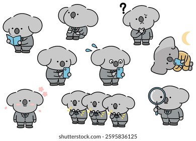 Set of cute anthropomorphic koala characters in various poses.