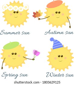 Set of cute anthropomorphic weather icons of different season sun: summer (wearing daisy wreath), autumn (in berete, holding colorful maple leaves), spring (holding tulips), winter (in warm hat)