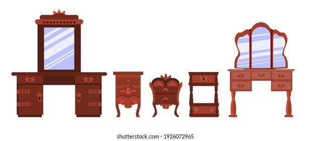 Set of cute antique nightstands, chests of drawers and bureaus, dressing tables isolated on a white background. Collection of antique furniture for bedroom. Vector illustration in a flat style.