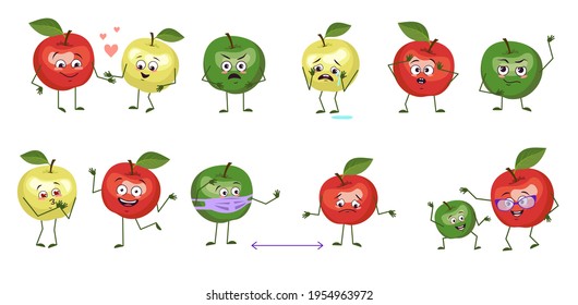 Set of cute apple characters with emotions, faces, arms and legs. Funny or sad characters, fruits play, fall in love, keep their distance, with a smile or tears. Vector flat illustration