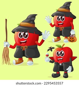 Set of cute apple characters on Halloween. Perfect for kids, merchandise and sticker, banner promotion or blog
