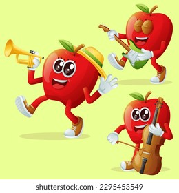 Set of cute apple characters playing musical instruments. Perfect for kids, merchandise and sticker
