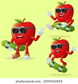 Juego de adorables personajes de manzana patinando. Perfecto para niños, mercadería y pegatinas, promoción de banners o blog
