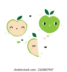 A set of cute apples with faces. Half a fruit with eyes. Modern Scandinavian style hand drawn