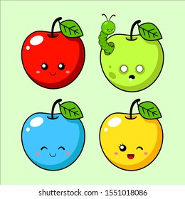 set of cute apples in kawaii style with different emotions