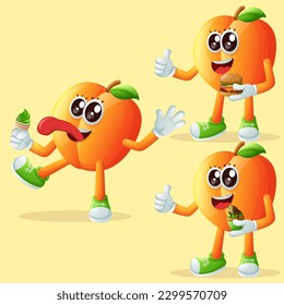 Set of cute apricot characters enjoying food. Perfect for kids, merchandise and sticker, banner promotion or blog
