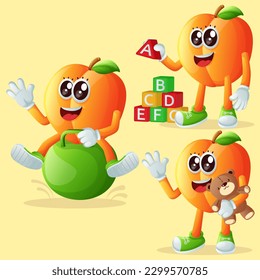 Set of cute apricot characters playing with kid toys. Perfect for kids, merchandise and sticker, banner promotion or blog
