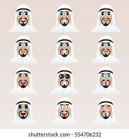 Set of cute arab man emoticons. Various emotions of the character. Set of avatar icons. Vector illustration.