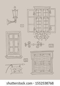 Set of cute architectural elements of old European city Tallinn. Hand-drawn vector illustration.