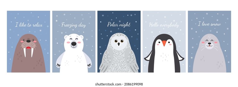 Set of cute arctic animals in cartoon style. snowy owl, penguin, walrus, fur seal and polar bear. flat vector illustration on blue background