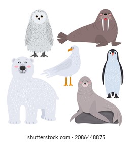 Set of cute arctic animals in cartoon style. snowy owl, penguin, walrus, fur seal, seagull and polar bear. flat vector illustration on blue background