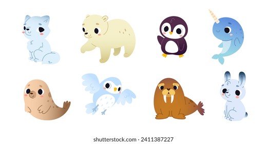 Set of cute arctic animals for children. Cartoon vector baby animal collection for kids.