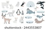 Set of cute arctic animals in flat cartoon style. Wild polar fauna design elements for printing, poster, card. Vector illustration