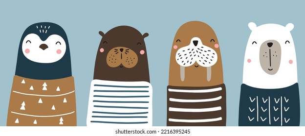 Set With Cute Arctic Animals: Penguin, Polar Bear, Walrus, Seal. Vector Illustration For Your Design.